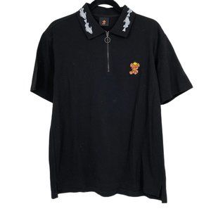 Printed Fish Collar Black Cotton Polo Shirt | Men's XL